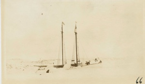 Image: Bowdoin in winter quarters with Wiscasset flag